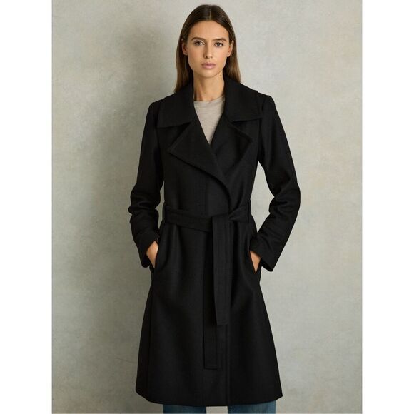 Reiss Women's Black Rich Belted Wool Blend Trench Coat Size 14 NWT - Picture 3 of 12